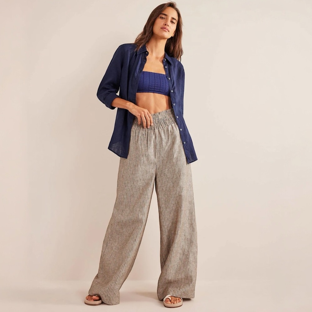 Boden Wide Leg Pants in Gray and White Stripes